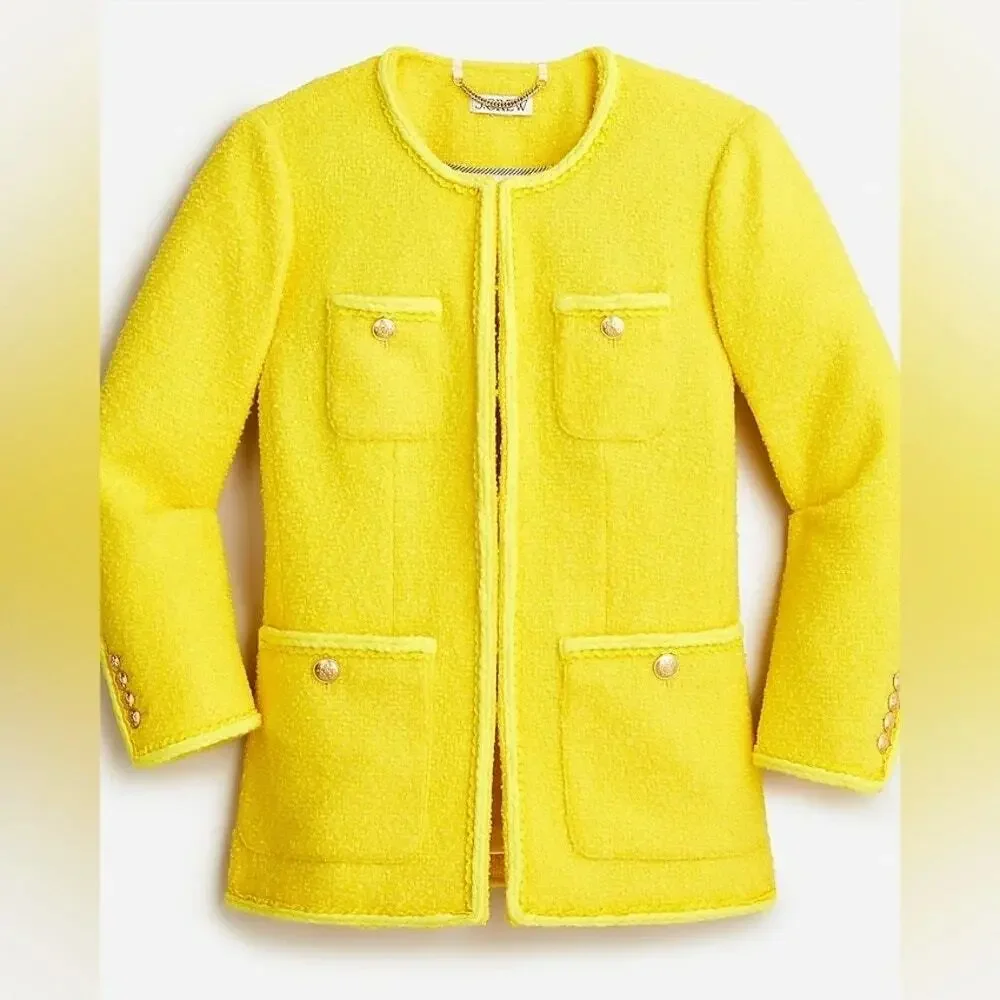 J.Crew Yellow Bouclé Long Lady Jacket & Mini Skirt Wool Blend Suit Set Size 4